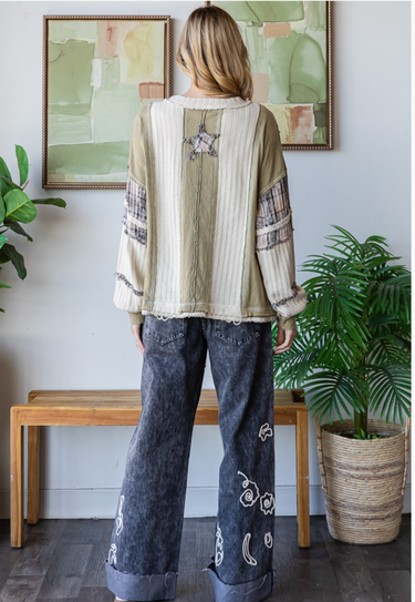 Star Patchwork Sweatshirt- Olive